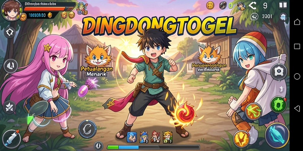 Tangkapan layar DINGDONGTOGEL menampilkan aksi gameplay yang seru dan karakter anime menarik.