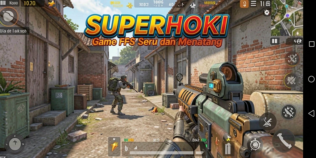 Tampilan gameplay mendebarkan di SUPERHOKI dengan aksi FPS yang intens.